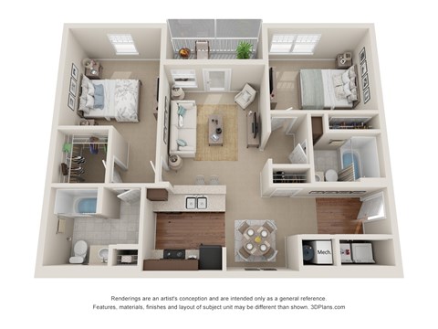 Floor plan for 2 beds, 2 baths, 968 sqft
